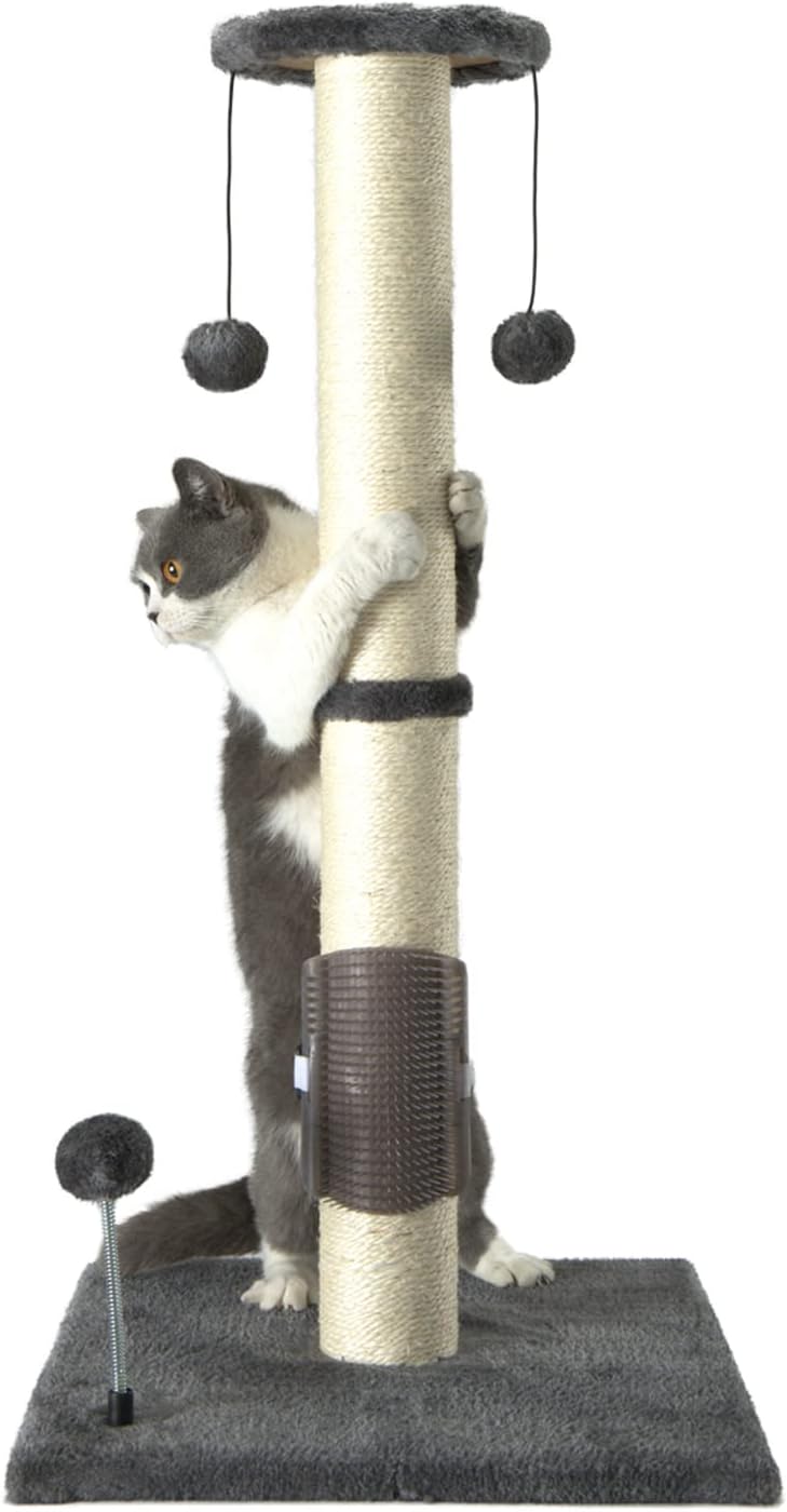 PEEKAB 32-Inch Cat Scratching Post, Sisal Scratcher with Hanging Ball and Self-Massage Brush, Gray