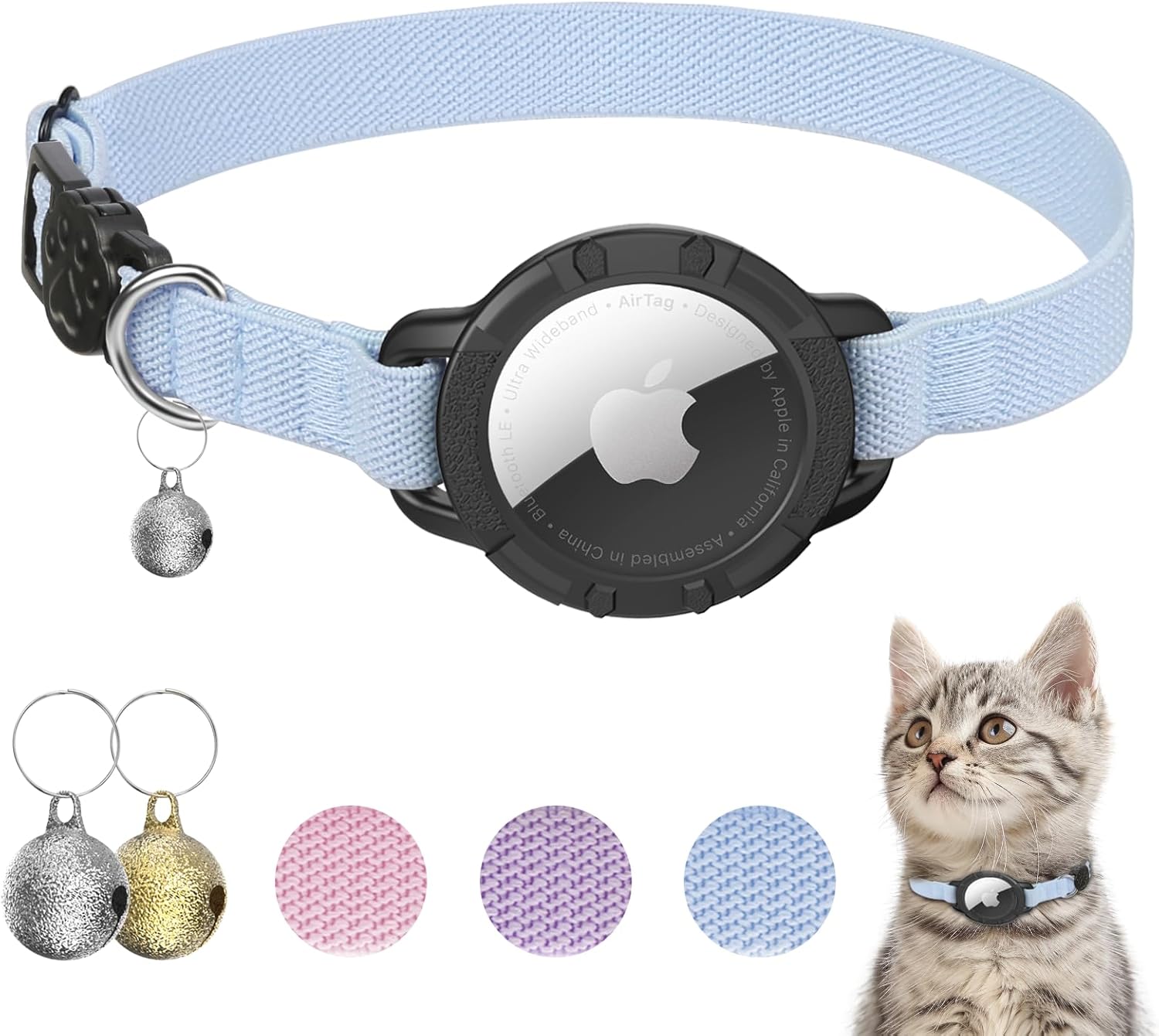 AirTag Cat Collars, Stretchy Collar with Air Tag Holder and Bell | Breakaway - Ultra Design Elastic - GPS Tracking Collars - Adjustable Size for Cats & Puppies 7.5-12.5"