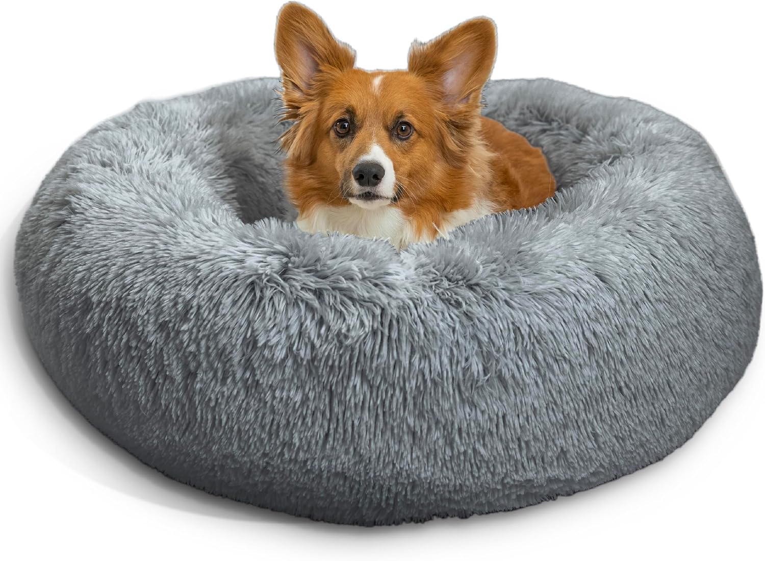 Best Friends by Sheri The Original Calming Donut Dog Bed for Small Dogs up to 25 lbs, Shag Faux Fur, Gray, 23" x 23".