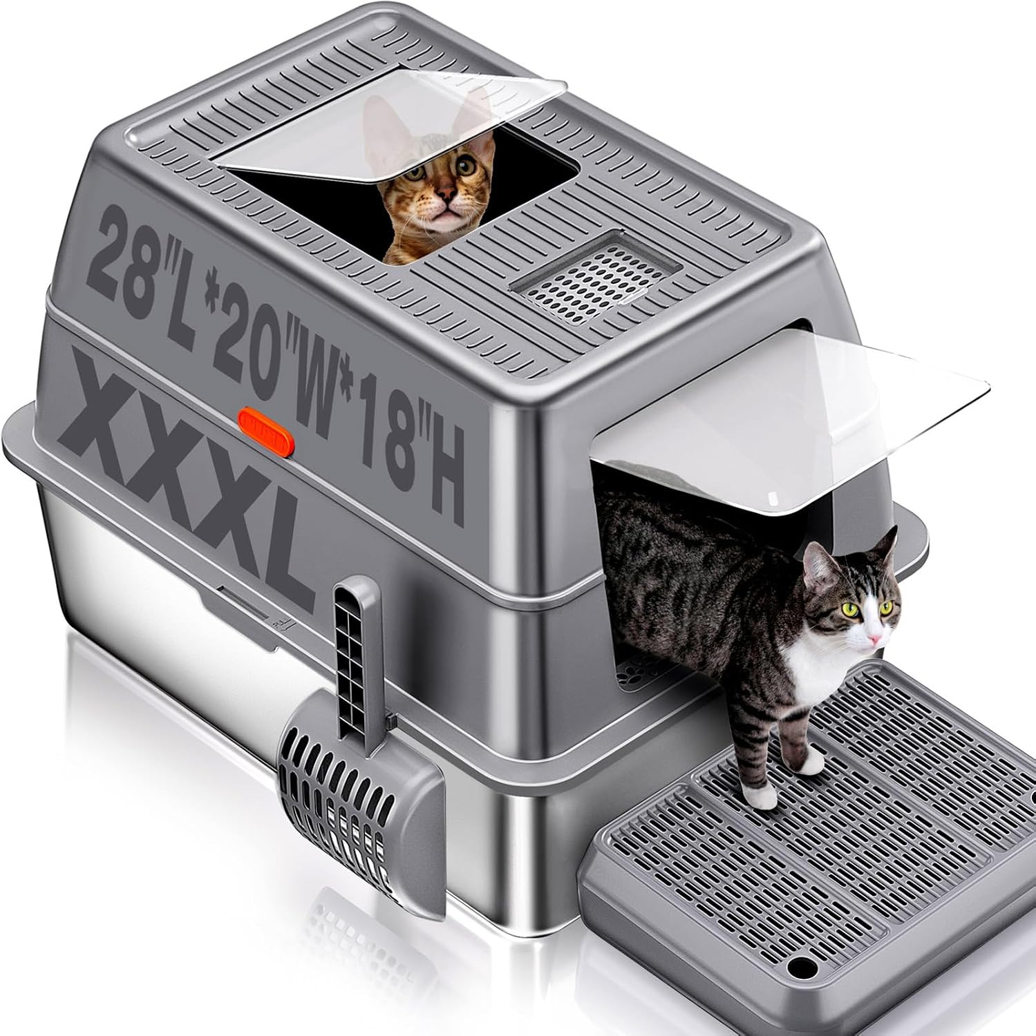 KITCATY XXXL Stainless Steel Litter Box with Lid – Extra Large 28"×20"×18.1", High Sides, Leak-Proof, Enclosed or Semi-Enclosed.