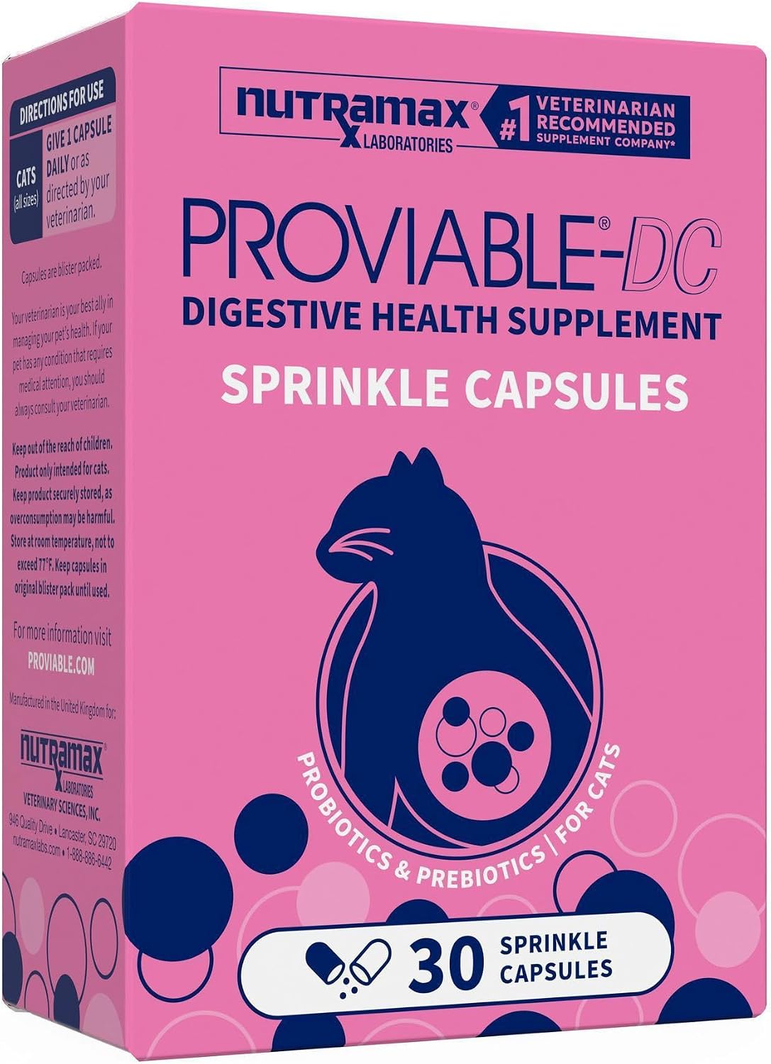 Nutramax Proviable Probiotics for Dogs & Cats, Sprinkle Capsules, 30ct | Probiotics for Cats and Dogs, Plus Prebiotics.